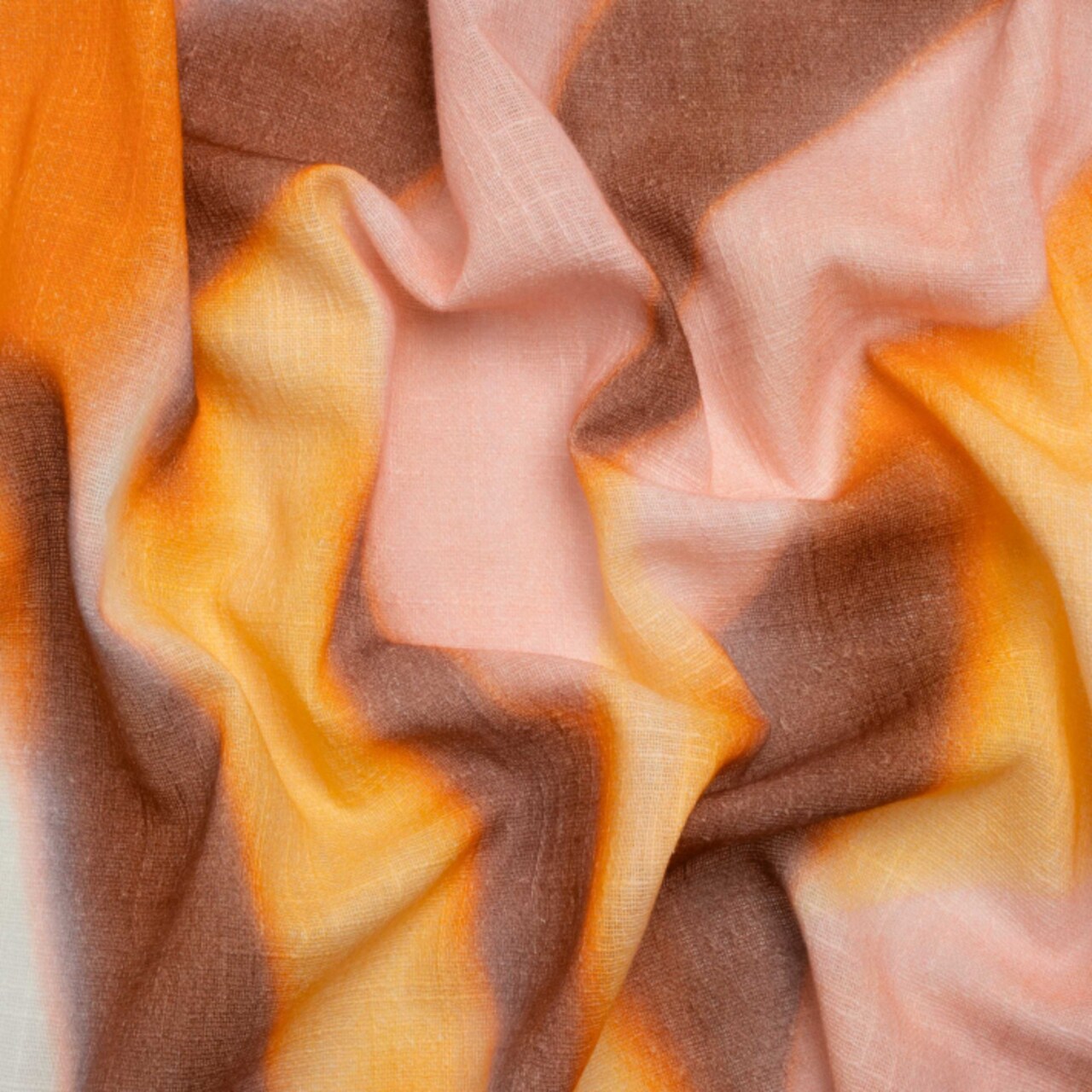 1 Yard Slubbed Gauzy Cotton Woven Print Orange Pink and Brown Hazy Abstract Fabric